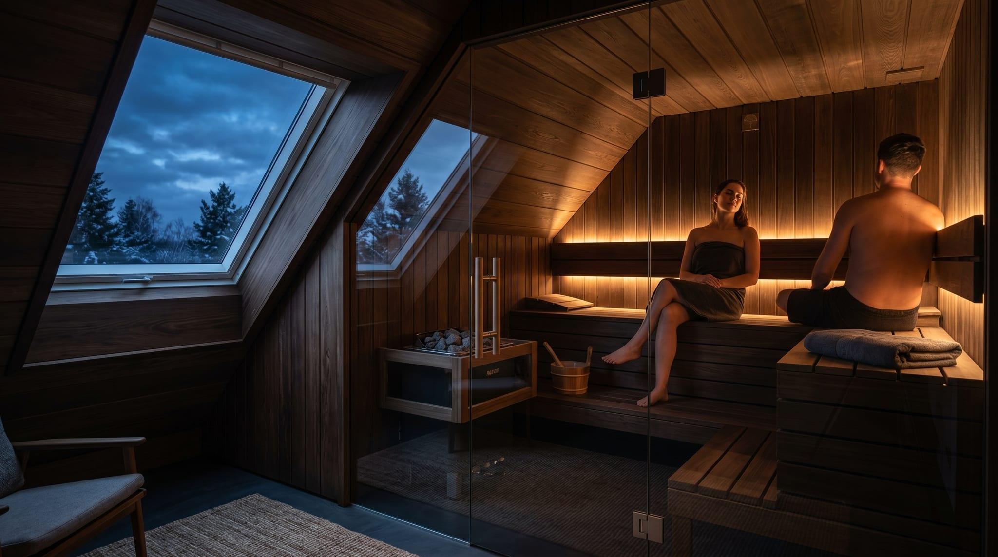 Premium-Sauna unter Dachschräge in Abendstimmung